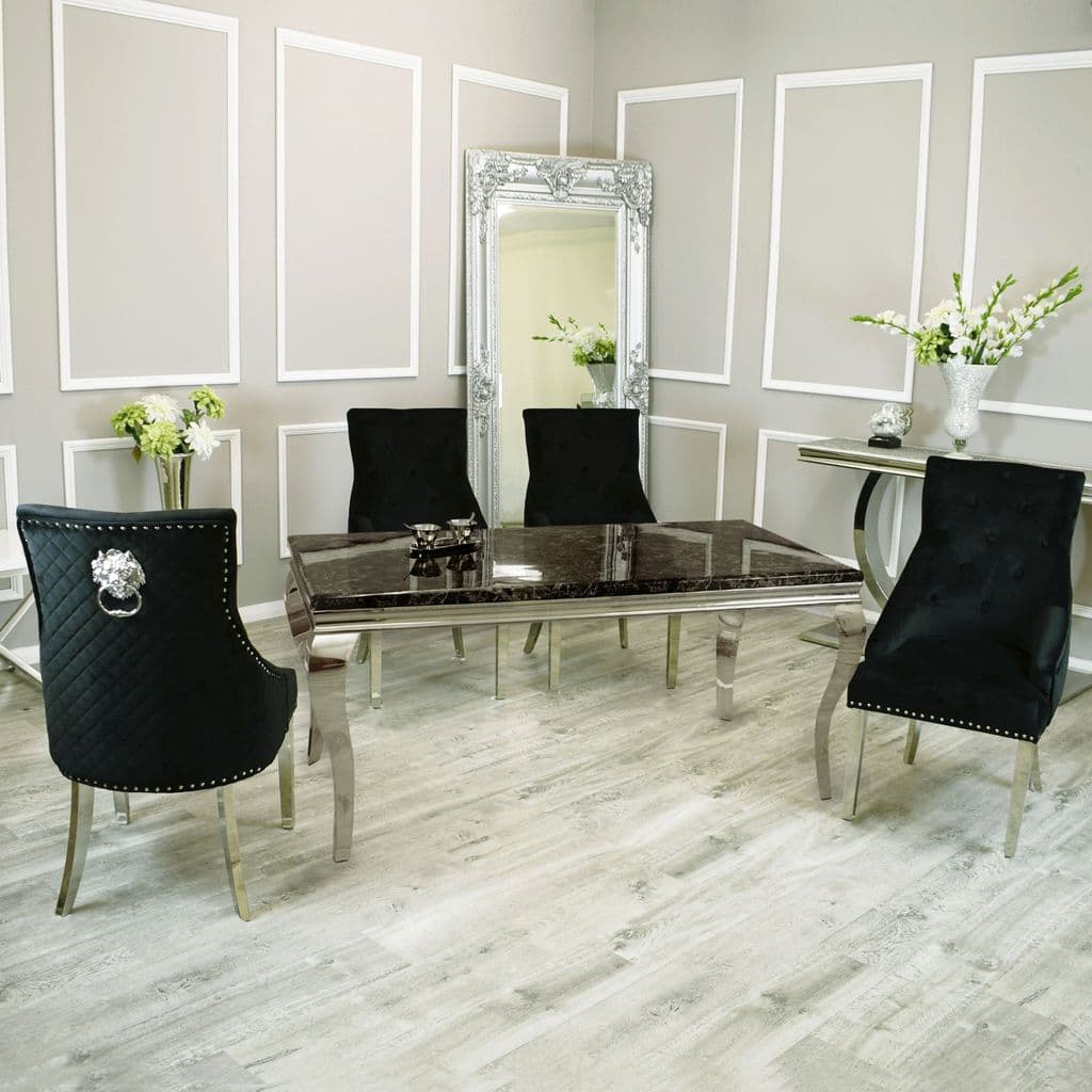 Louis 160cm Black Marble Dining Table + Black Lion Knocker Plush Velvet Chairs - Belmont Interiors