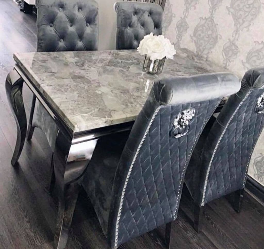 Louis 120cm Grey Marble Dining Table + Lucy Grey Lion Slim Knocker Plush Velvet Chairs - Belmont Interiors