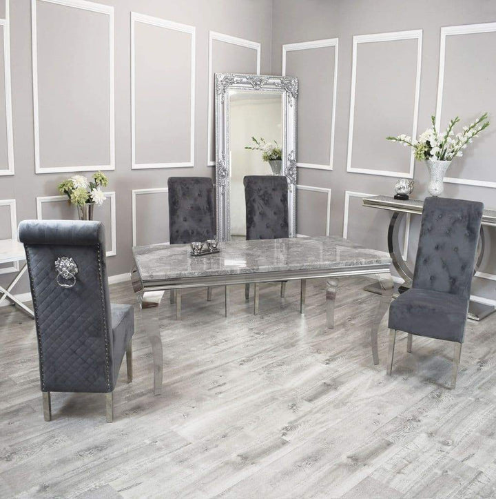 Louis 160cm White Marble Dining Table + Lucy Lion Slim Knocker Plush Velvet Chairs In 4 Colours - Belmont Interiors