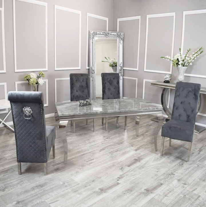 Louis 120cm Grey Marble Dining Table + Lucy Grey Lion Slim Knocker Plush Velvet Chairs - Belmont Interiors