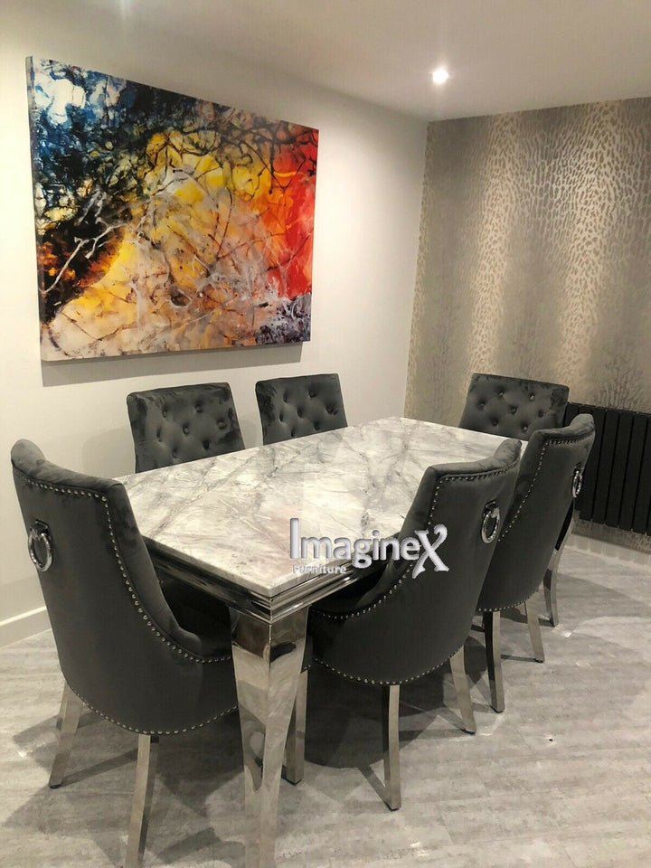 Louis 120cm Grey Marble Dining Table + Knightsbridge Dark Grey Knocker Plush Velvet Chairs - Belmont Interiors