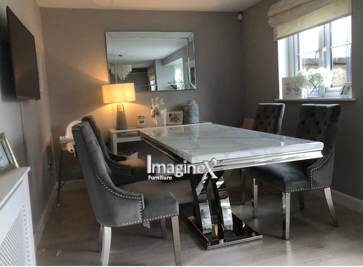 Ottavia White Marble 180CM Dining Table + Knightsbridge Chrome Knocker Plush Velvet Dining Chairs - Belmont Interiors