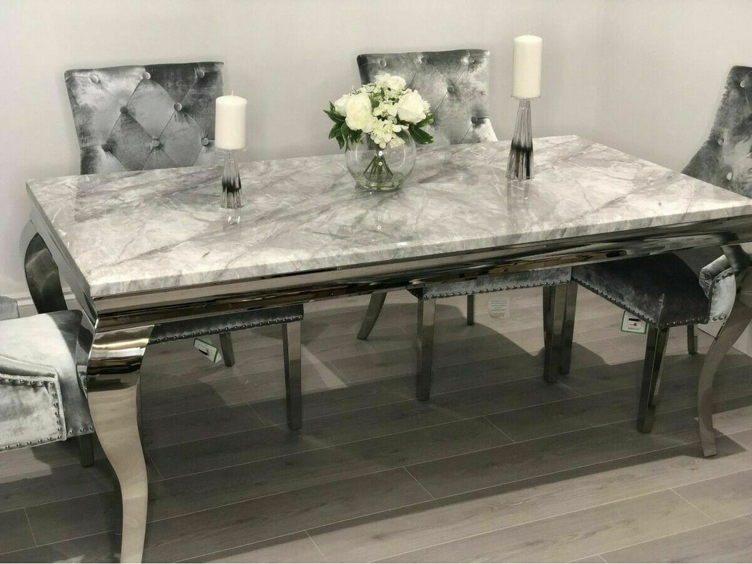 Louis 120cm Grey Marble Dining Table + 4 Grey Lion Knocker Chairs + 110cm Bench - Belmont Interiors