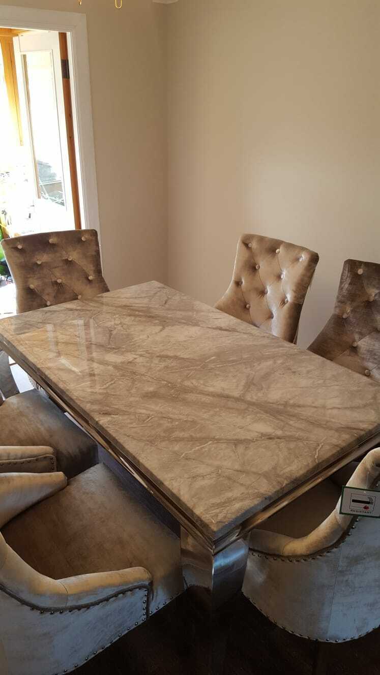 Louis 160cm Cream Marble Dining Table + Belle Plush Velvet Chairs - Belmont Interiors