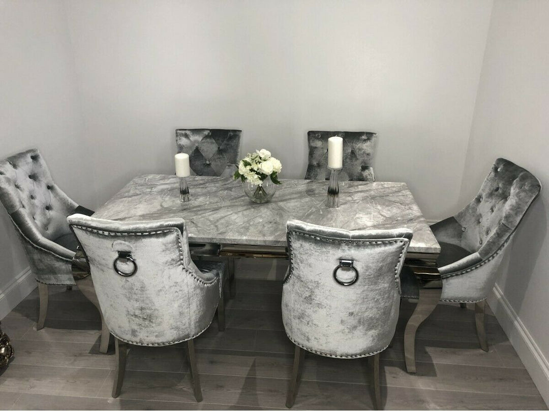 Louis Grey Marble 160CM Dining Table + Belle Silver Grey Chairs, Bench Option - Belmont Interiors