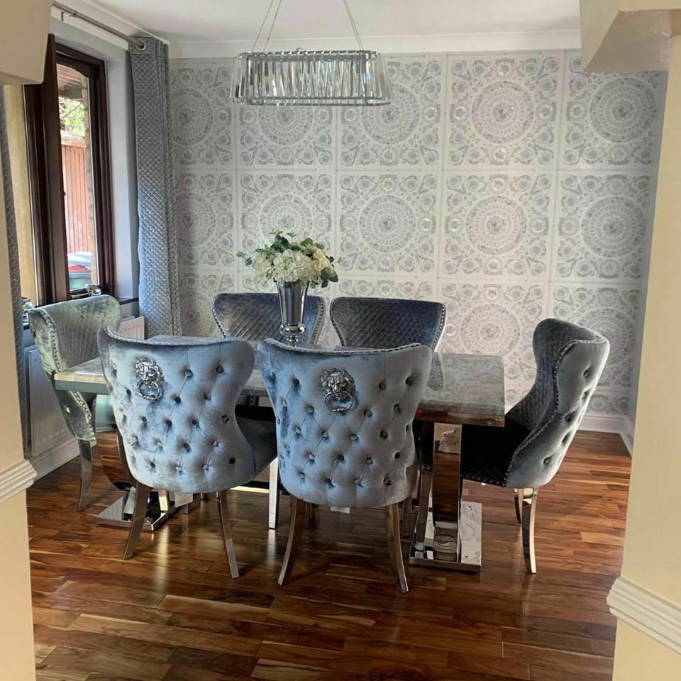 Arianna White Marble 200CM Dining Table + Valente Lion Knocker Velvet Chairs - Belmont Interiors