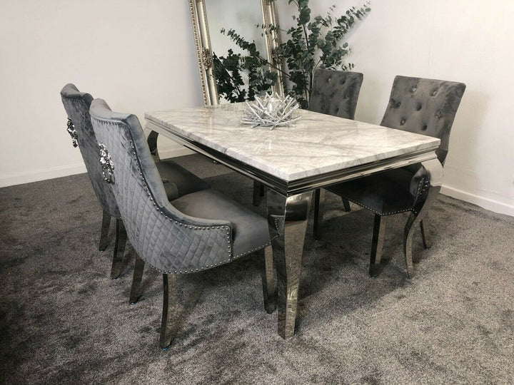 Louis 200cm White Marble Dining Table + Grey Lion Knocker Plush Velvet Chairs - Belmont Interiors