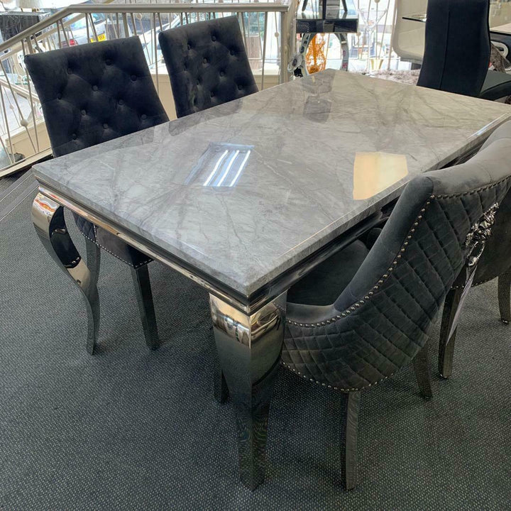 Louis 180cm Grey Marble Dining Table + Dark Grey Lion Knocker Plush Velvet Chairs - Belmont Interiors