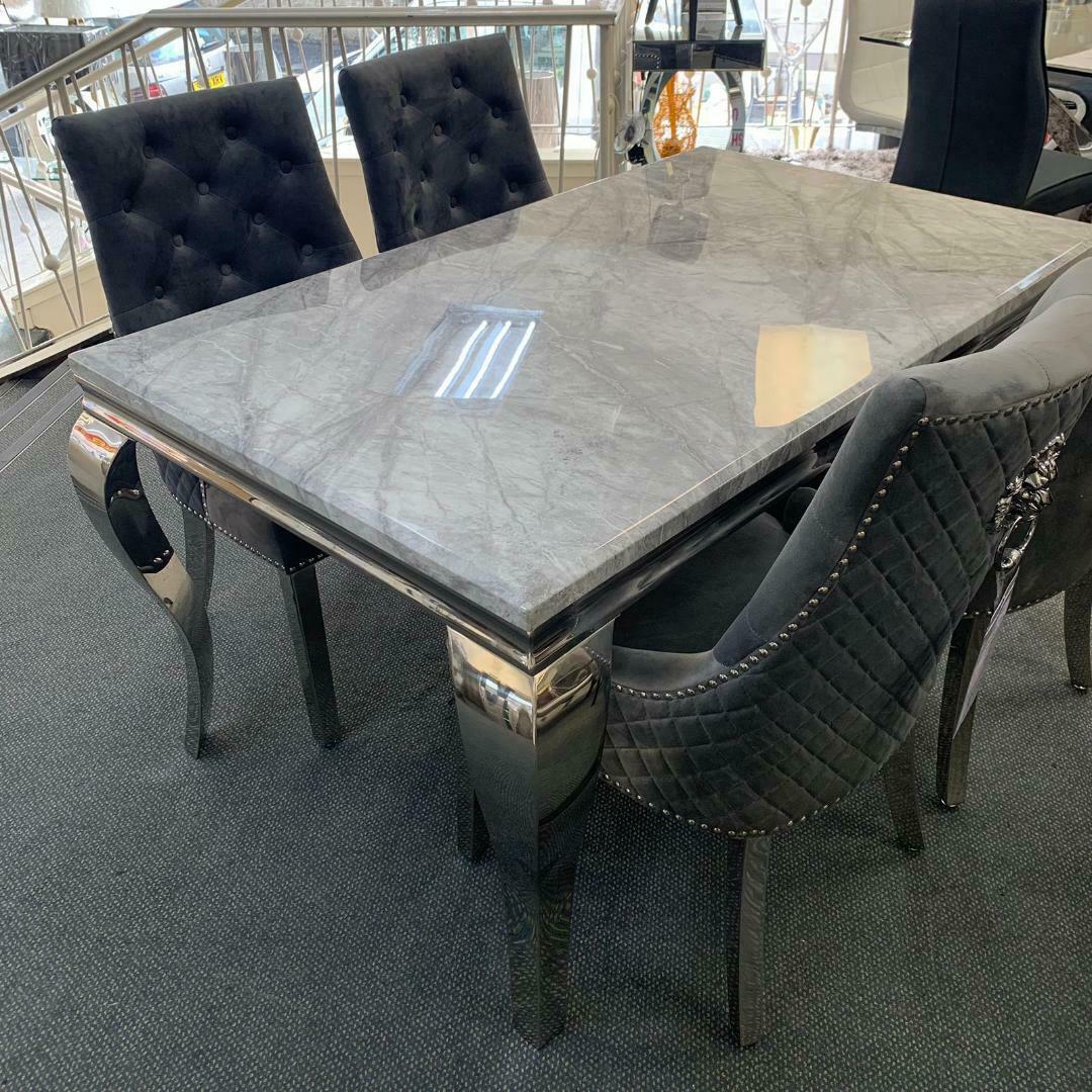 Louis 120cm Grey Marble Dining Table + Light Grey Lion Knocker Plush Velvet Chairs - Belmont Interiors