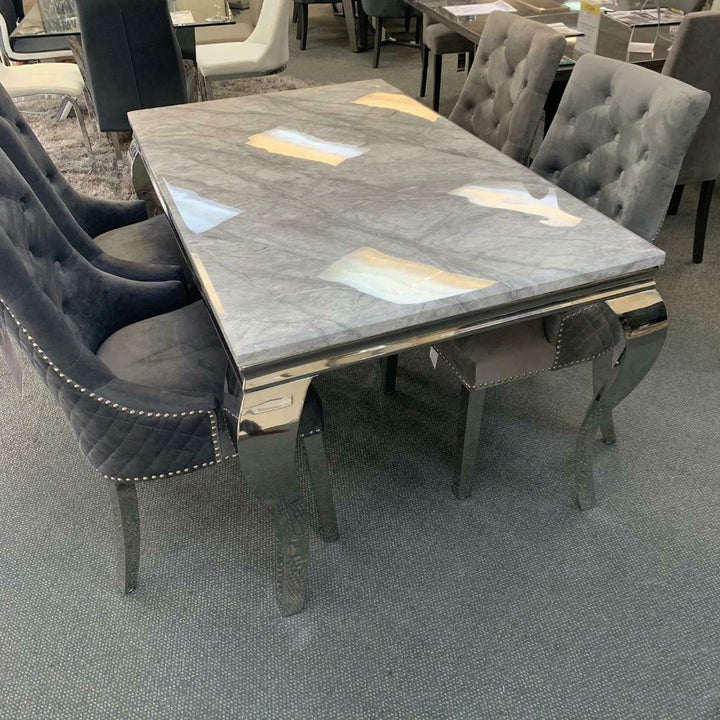 Louis 160cm Grey Marble Dining Table + Grey Lion Knocker Plush Velvet Chairs - Belmont Interiors