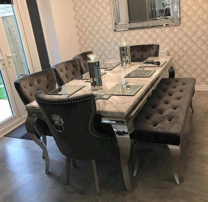 Louis Grey Marble 200cm Dining Table + Grey Lion Chairs, Bench Option - Belmont Interiors