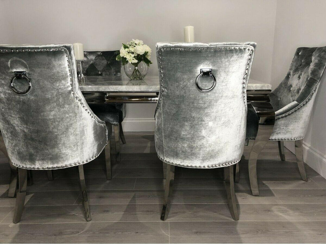 Arianna 200cm Grey Marble Dining Table + Belle Grey Velvet Dining Chairs + Grey 180cm Bench - Belmont Interiors