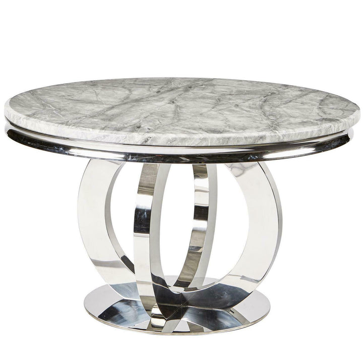 Chelsea 130cm Grey Marble Round Dining Table + Valente Grey Lion Button Chairs - Belmont Interiors