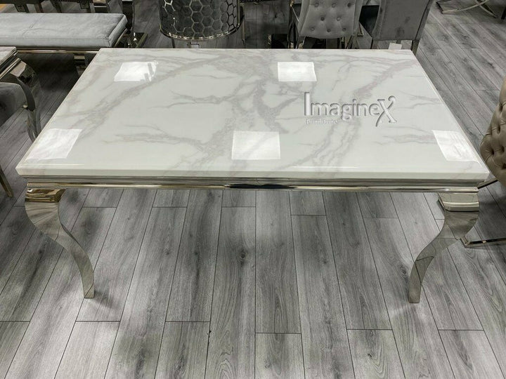 Louis 200cm White Marble Dining Table + Knightsbridge Dark Grey Knocker Plush Velvet Chairs-Dining Table & Chairs Set-Cuthwells-Belmont Interiors