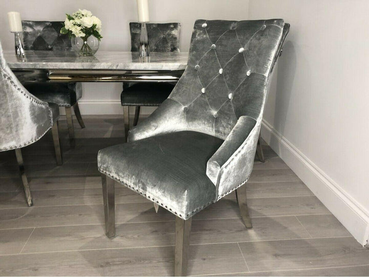 Arianna 200cm Grey Marble Dining Table + Belle Grey Velvet Dining Chairs + Grey 180cm Bench - Belmont Interiors