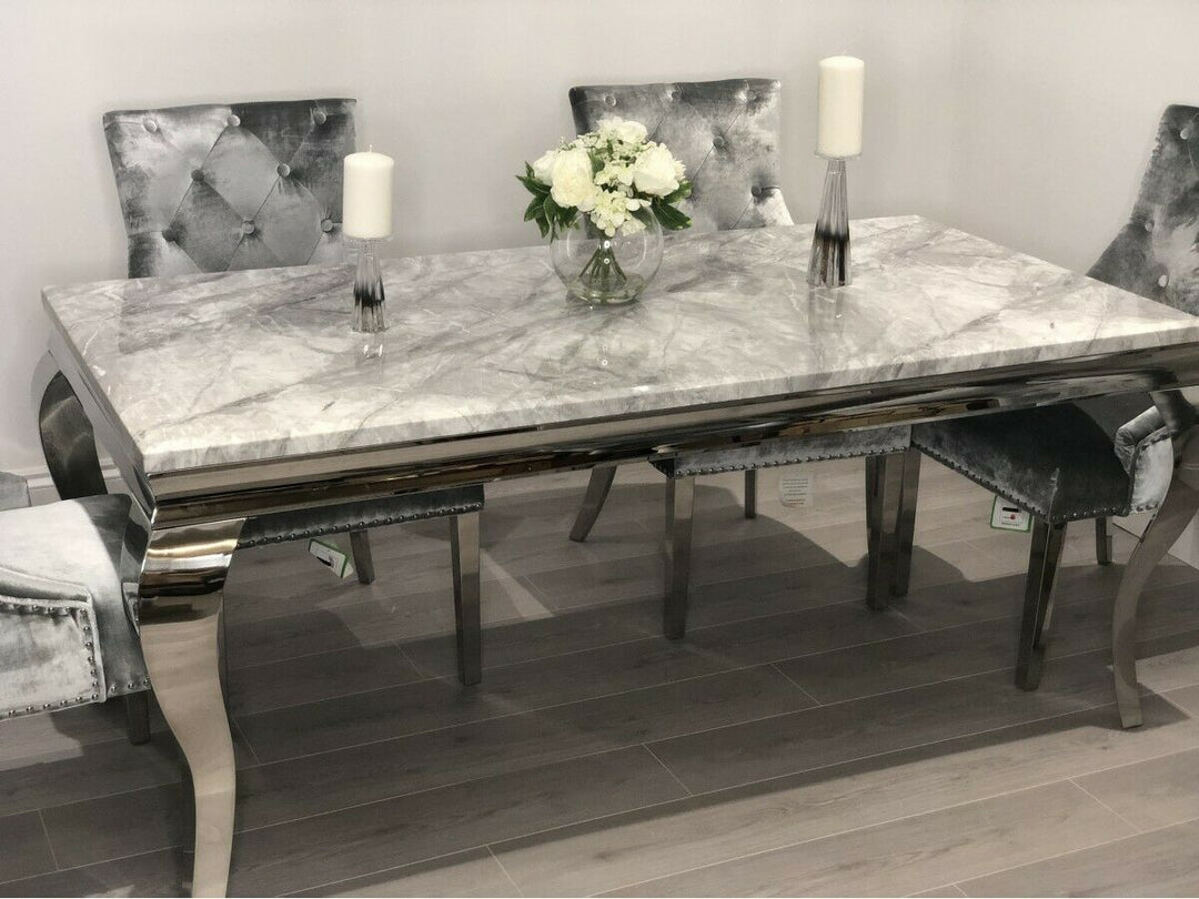 Louis 180cm White Marble Dining Table + Knightsbridge Dark Grey Knocker Plush Velvet Chairs - Belmont Interiors