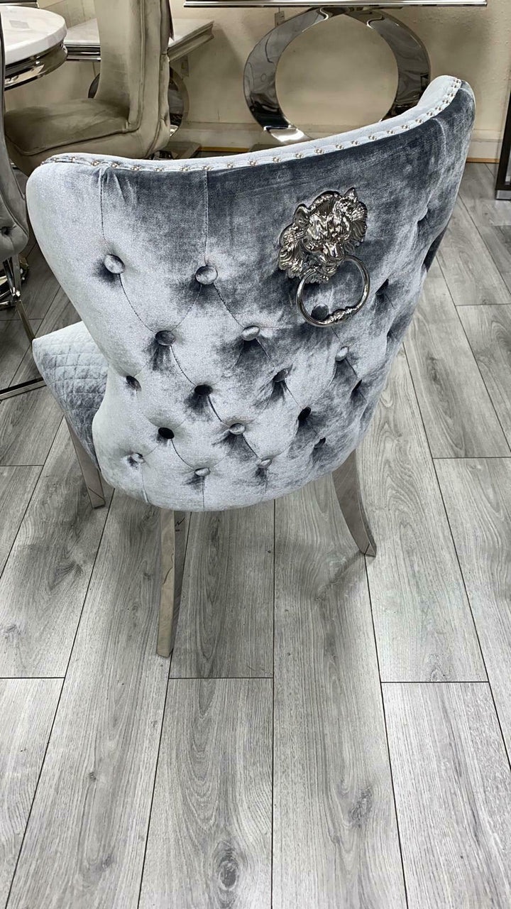 Chelsea 130cm Grey Marble Round Dining Table + Valente Grey Lion Button Chairs - Belmont Interiors