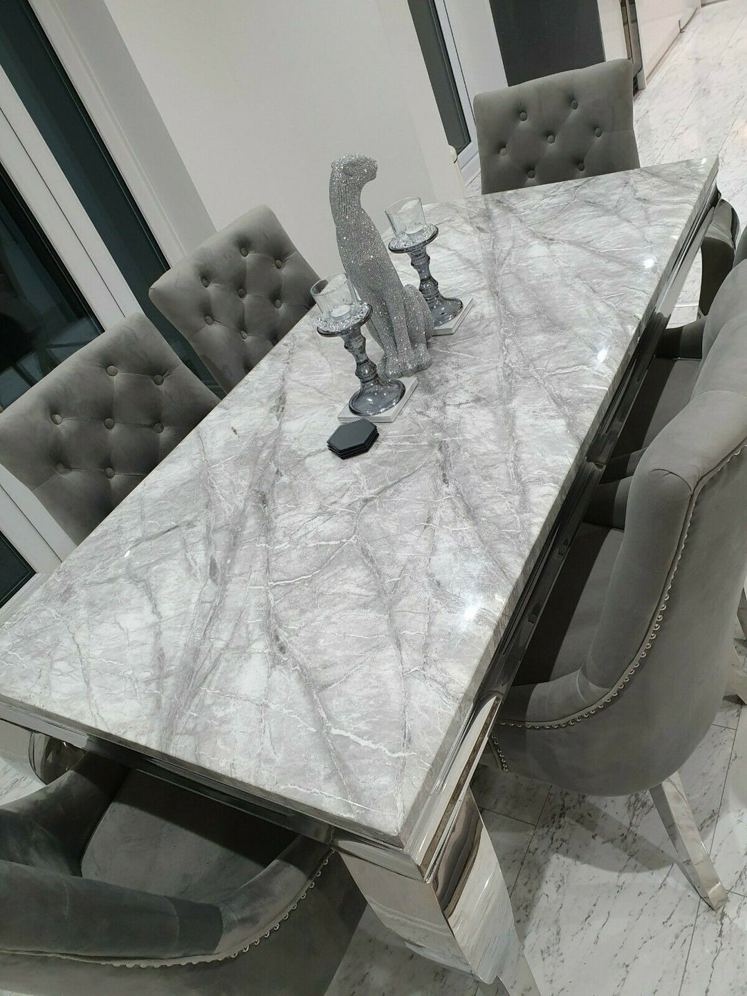 Louis Grey Marble 160CM Dining Table + Valente Grey Lion Chairs, Bench Option - Belmont Interiors