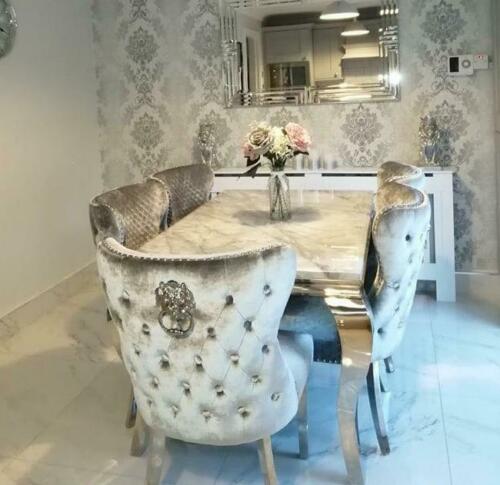 Louis White Marble 160CM Dining Table + Valente Light Grey Lion Chairs, Bench Option - Belmont Interiors