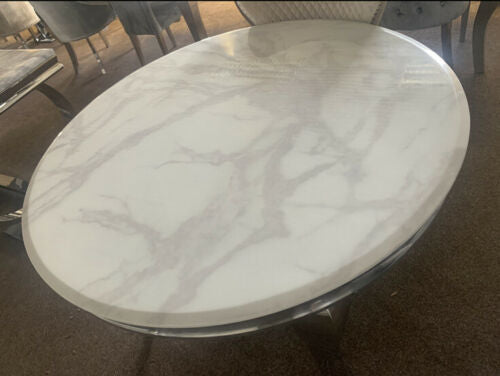 Chelsea 130cm White Marble Round Dining Table + Grey Ring Knocker Chairs - Belmont Interiors