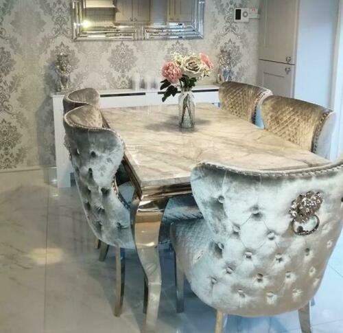 Louis Grey Marble 160CM Dining Table + Valente Grey Lion Chairs, Bench Option - Belmont Interiors