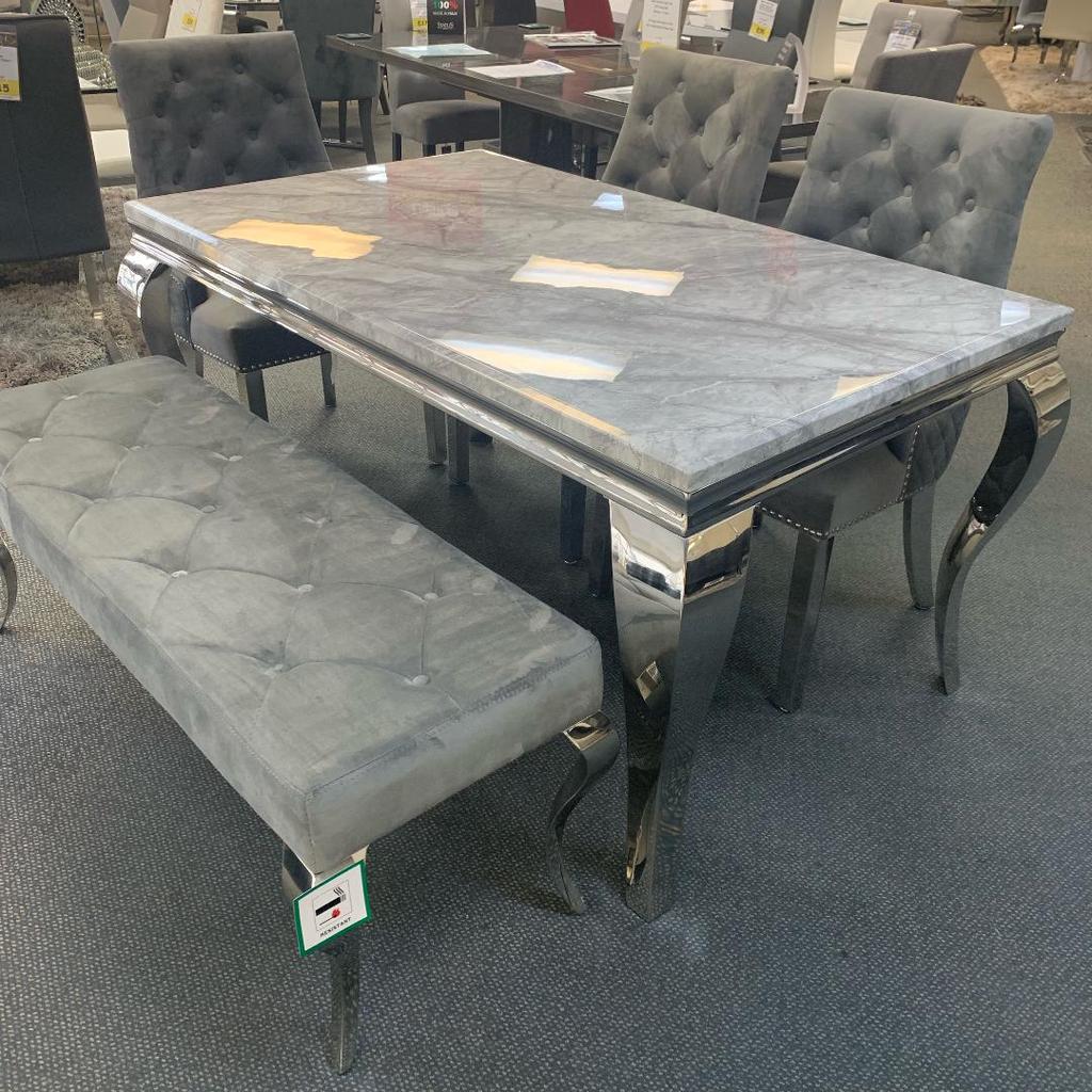 Louis 180cm Grey Marble Dining Table + 4 Grey Lion Knocker Quilted Back Chairs + 130cm Bench - Belmont Interiors