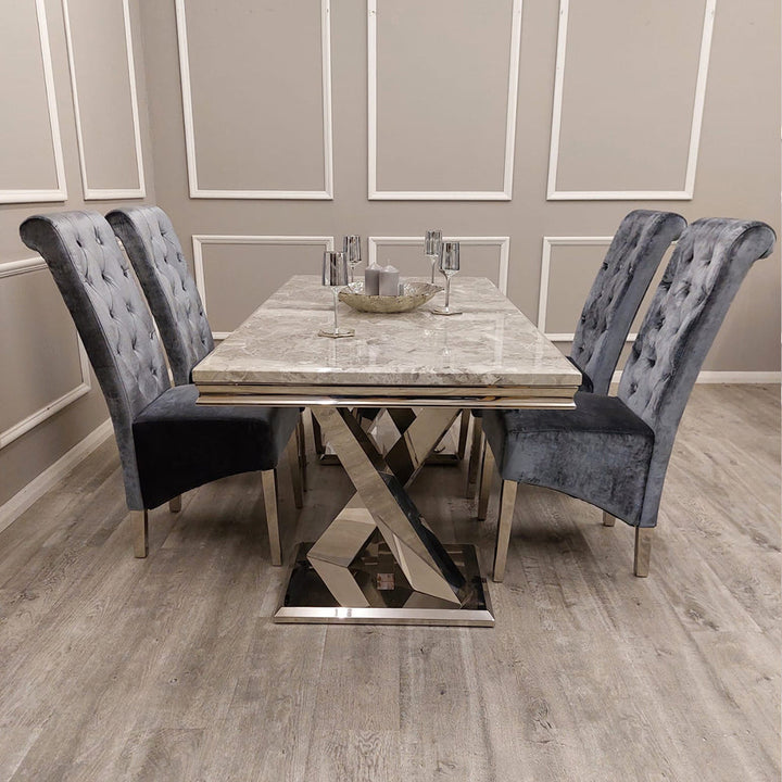 Xavia 180cm Marble Dining Table + Lucy Slim Lion Knocker Plush Velvet Dining Chairs - Belmont Interiors