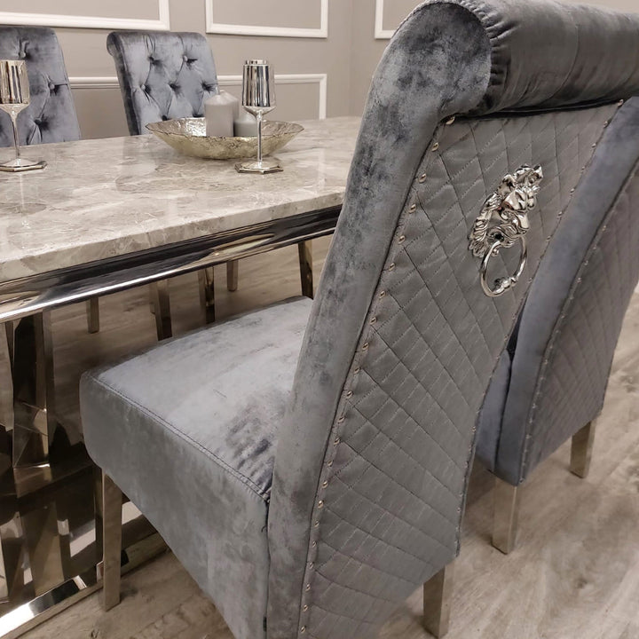 Xavia 180cm Marble Dining Table + Lucy Slim Lion Knocker Plush Velvet Dining Chairs - Belmont Interiors