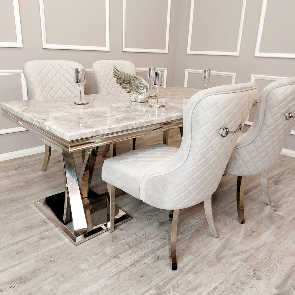 Xavia 180cm Marble Dining Table + Kate Quilted Plush Velvet Dining Chairs - Belmont Interiors