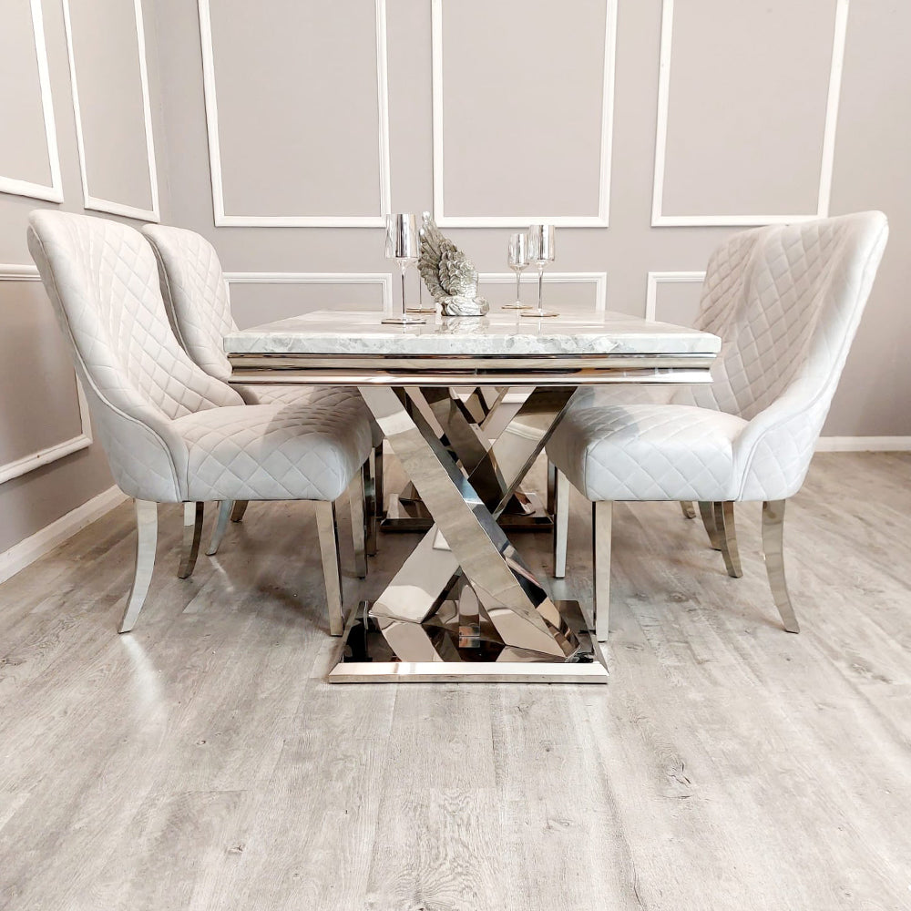 Xavia 180cm Marble Dining Table + Kate Quilted Plush Velvet Dining Chairs - Belmont Interiors