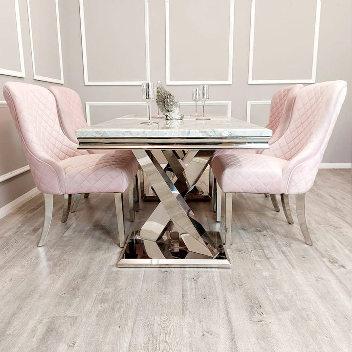 Xavia 180cm Marble Dining Table + Kate Quilted Plush Velvet Dining Chairs - Belmont Interiors