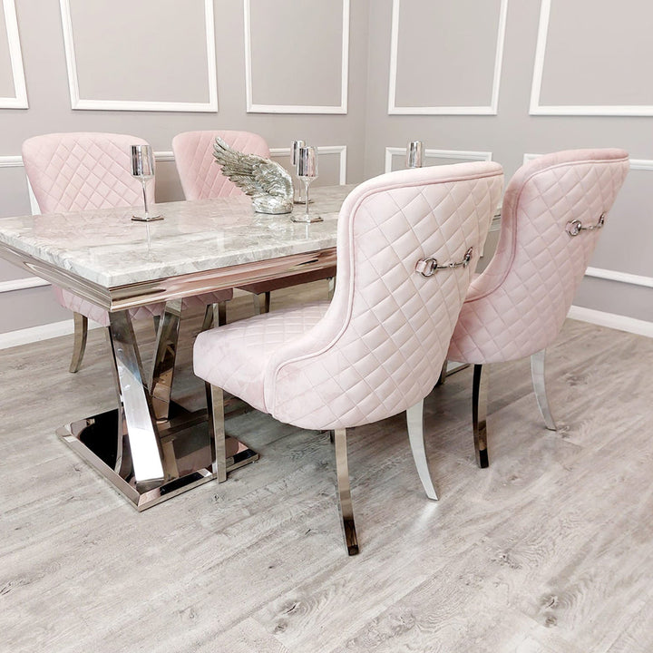 Xavia 180cm Marble Dining Table + Kate Quilted Plush Velvet Dining Chairs - Belmont Interiors